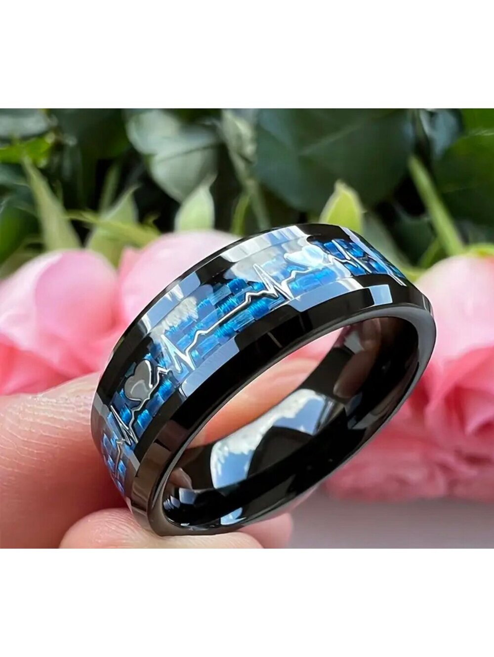 New - Stylish Stainless Steel 8mm Ring with Heartbeat Design - Size 10